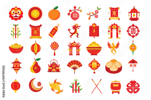 China Flat Icons Design celebrate Concept ,Chinese New Year icons, Chinese lunar new year flat color icon set with China related icons, Chinese new year icon set, vector, Set of Lunar year