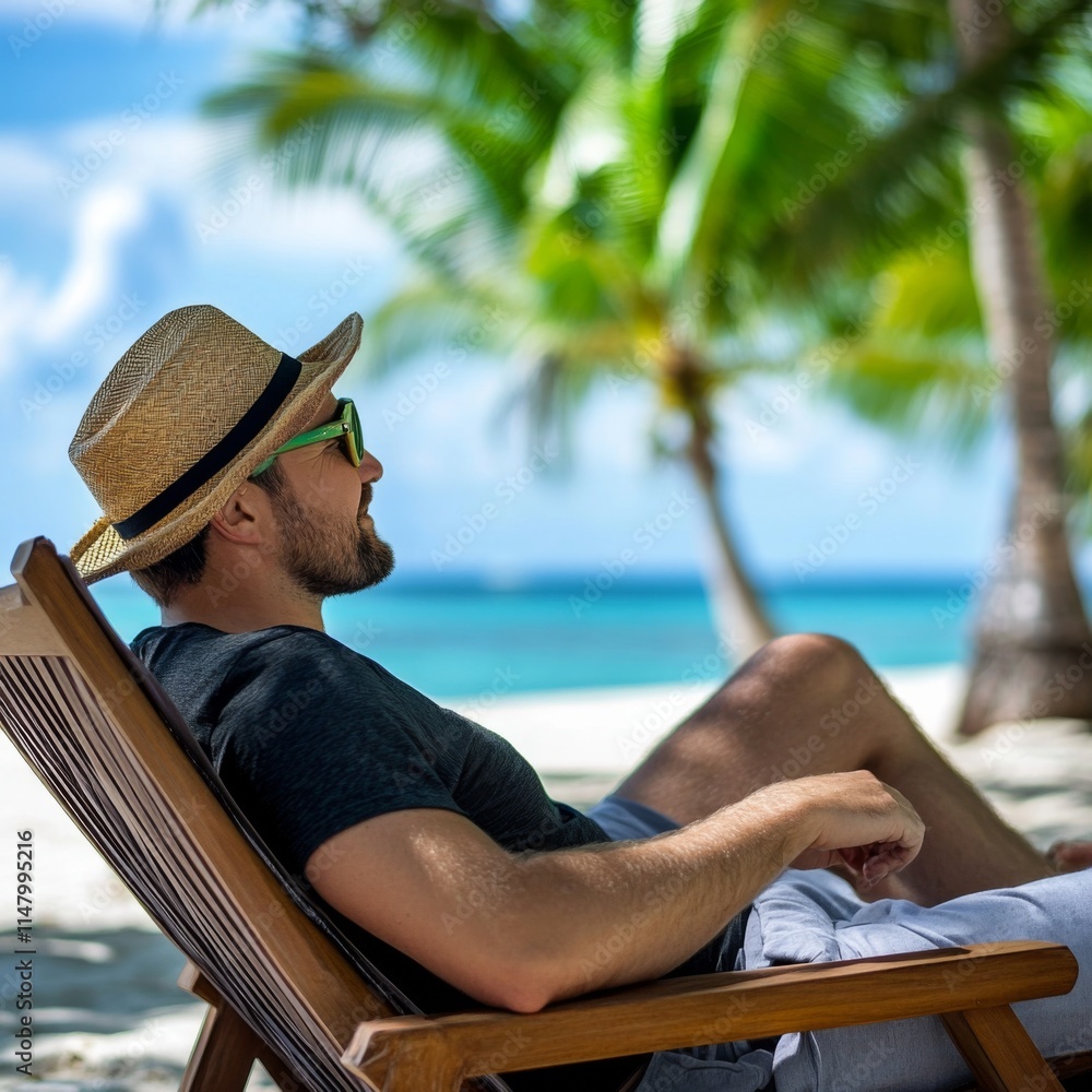 Fototapeta premium Relaxing by the beach, a man enjoys the sun and views in a tropical paradise with swaying palm trees