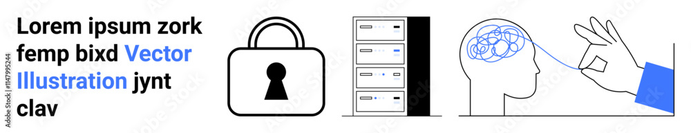 Lock symbol, server stack, brain with hand gesture. Ideal for cybersecurity, data protection, mental clarity, technology, neurosciences digital safety information security. Landing page Lock symbol, server stack, brain with hand gesture. Ideal for cybersecurity, data protection, mental clarity, technology, neurosciences digital safety information security. Landing page