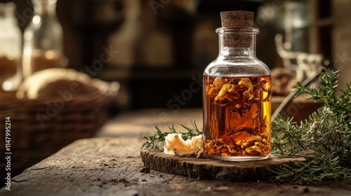 Wallpaper Mural Herbal Remedy Bottle Aged Mushrooms, Rustic Wood, Ancient Elixir Torontodigital.ca