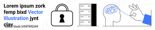 Lock symbol, server stack, brain with hand gesture. Ideal for cybersecurity, data protection, mental clarity, technology, neurosciences digital safety information security. Landing page