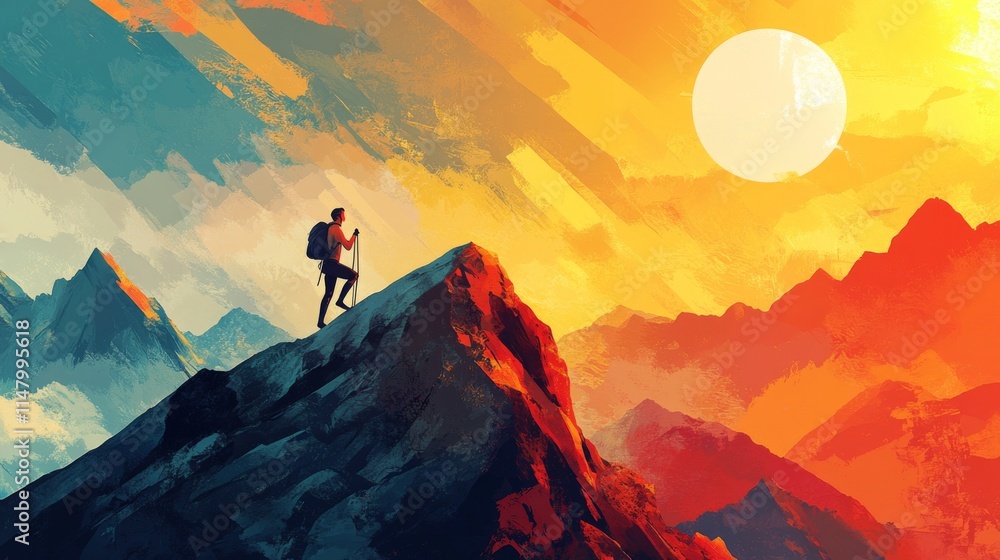 A Determined Hiker Overlooking a Vibrant Mountain Landscape A Determined Hiker Overlooking a Vibrant Mountain Landscape