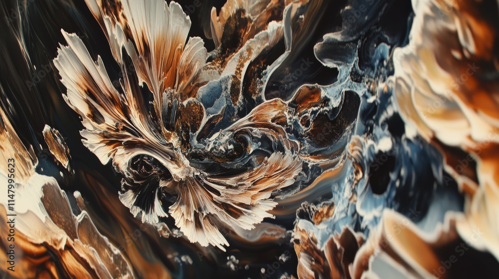 Abstract swirling pattern of white, brown, and blue paint on black background. Abstract swirling pattern of white, brown, and blue paint on black background.