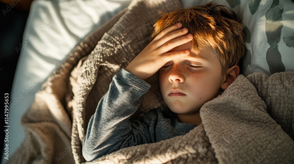 Sick Child Resting in Bed, Feeling Unwell, Headache, Fever, Ill Sick Child Resting in Bed, Feeling Unwell, Headache, Fever, Ill