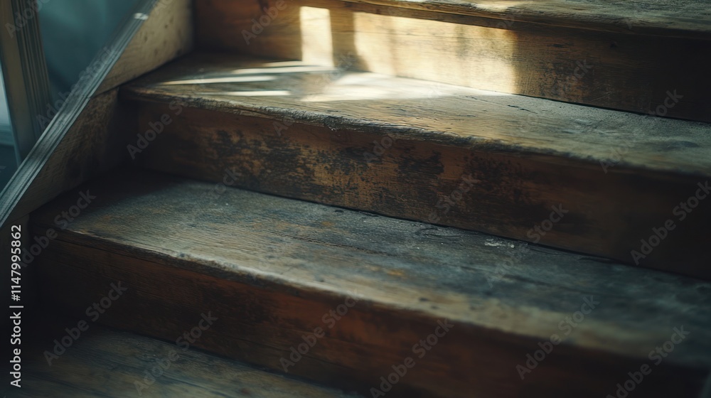 Close-up of worn wooden steps with sunlight shining through. Close-up of worn wooden steps with sunlight shining through.