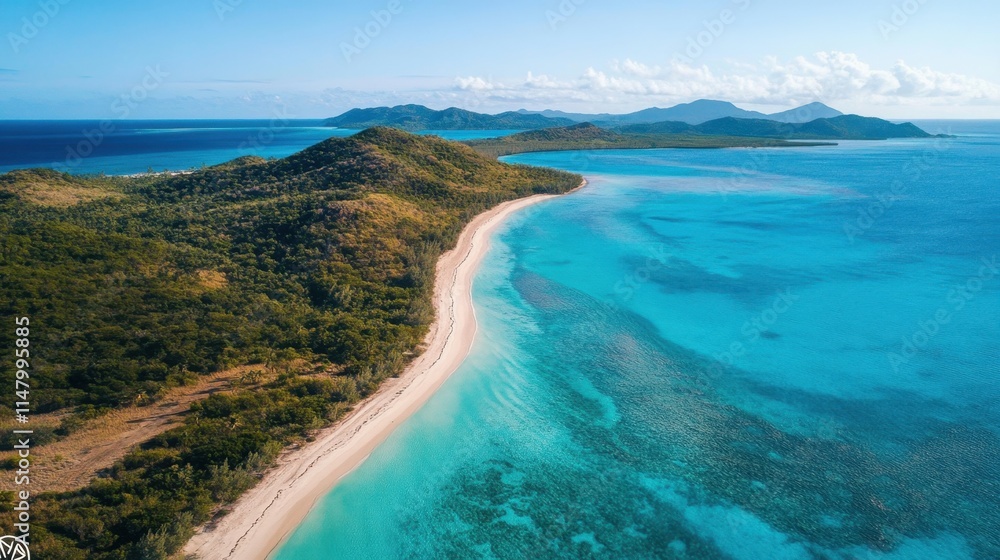 A drone shot of a pristine coastline with turquoise waters and a clean, sandy beach. A drone shot of a pristine coastline with turquoise waters and a clean, sandy beach.
