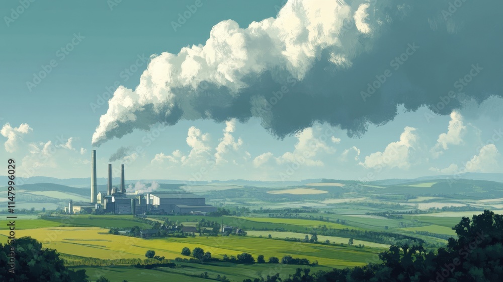 A factory emitting smoke into the sky, contrasting against the green fields below. A factory emitting smoke into the sky, contrasting against the green fields below.