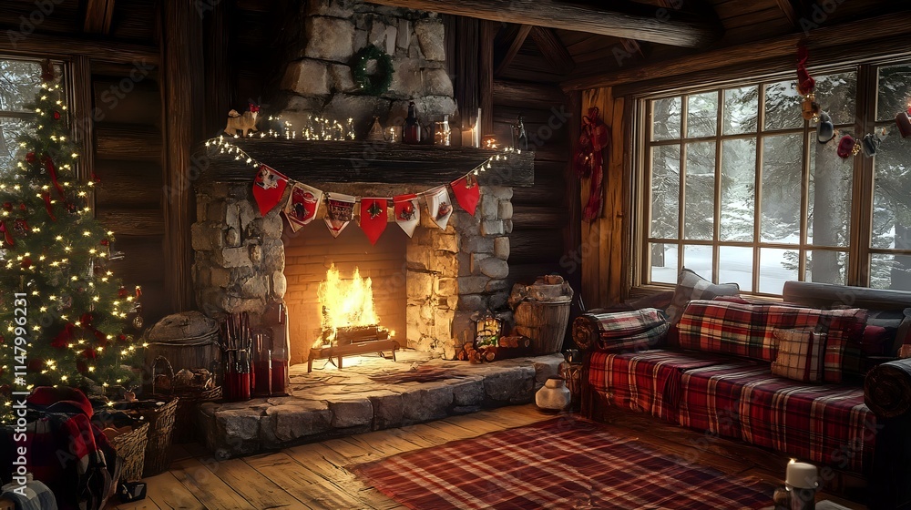 Happy New Year in a rustic indoor cabin with a roaring fireplace, plaid blankets, hot drinks and a festive banner over the mantel Happy New Year in a rustic indoor cabin with a roaring fireplace, plaid blankets, hot drinks and a festive banner over the mantel
