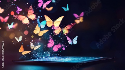 Colorful butterflies emerge from a tablet screen. photo