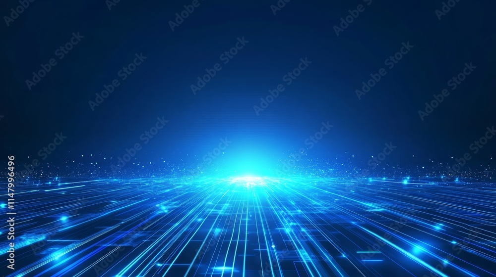 Obraz premium Visually Striking Blue Light Beams Radiate From a Central Point, Creating a Futuristic Atmosphere in a Digital Space