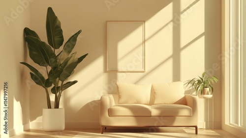 Sunlit Living Room with Beige Sofa and Plants