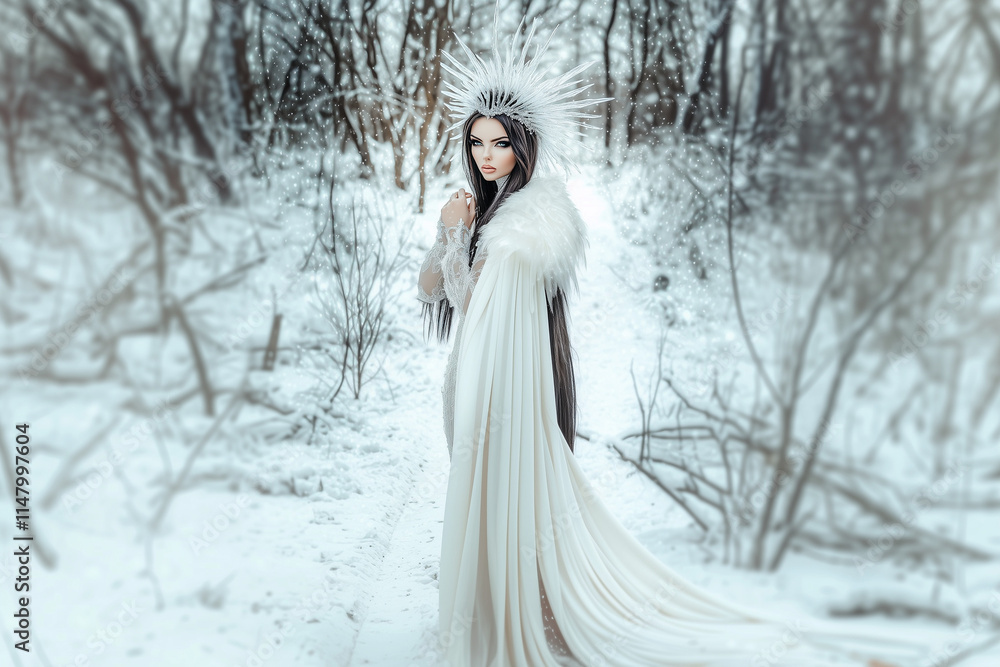 Beautiful girl, ice queen in a white dress and icy crown on a snowy winter forest background.