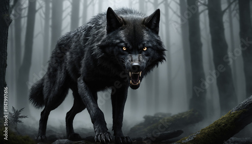 Fearsome Black Wolf in a Misty Forest, Generative AI