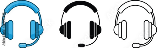 Headset Icons Blue, Black, White, Support, Customer Service, Communication