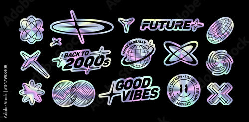 Y2K holographic  stickers pack of trendy style and text quotes label collection (part 1). Aesthetic of retro futurism 2000s asid stickers with text: rave, party tag descent metallic texture