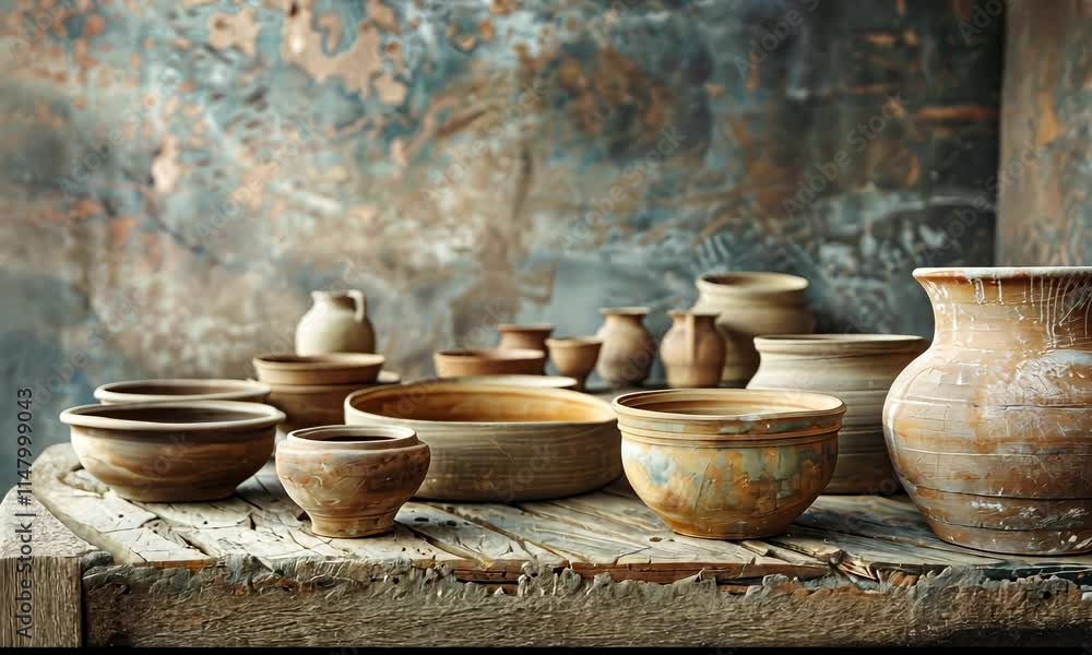 Assortment of pottery pieces on rustic wood table against distressed wall Assortment of pottery pieces on rustic wood table against distressed wall