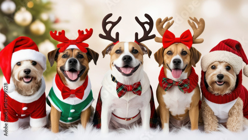 Charming Canines in Christmas Costumes Spreading Holiday Cheer.