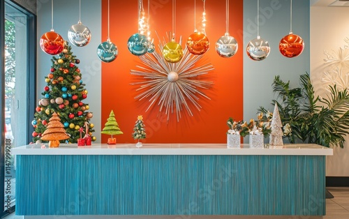 A bright reception desk with colorful baubles and a festive centerpiece on display