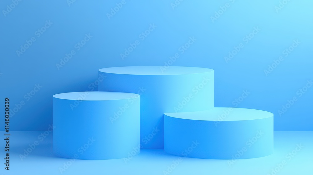 Three Blue Cylindrical Platforms Against A Blue Background Three Blue Cylindrical Platforms Against A Blue Background