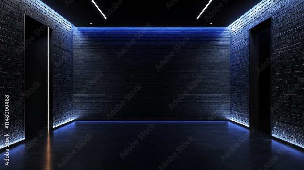 Fototapeta premium Modern Hallway With Illuminated Accents and Dark Brick Walls, Creating a Minimalist Architectural Design in a Contemporary Building Environment