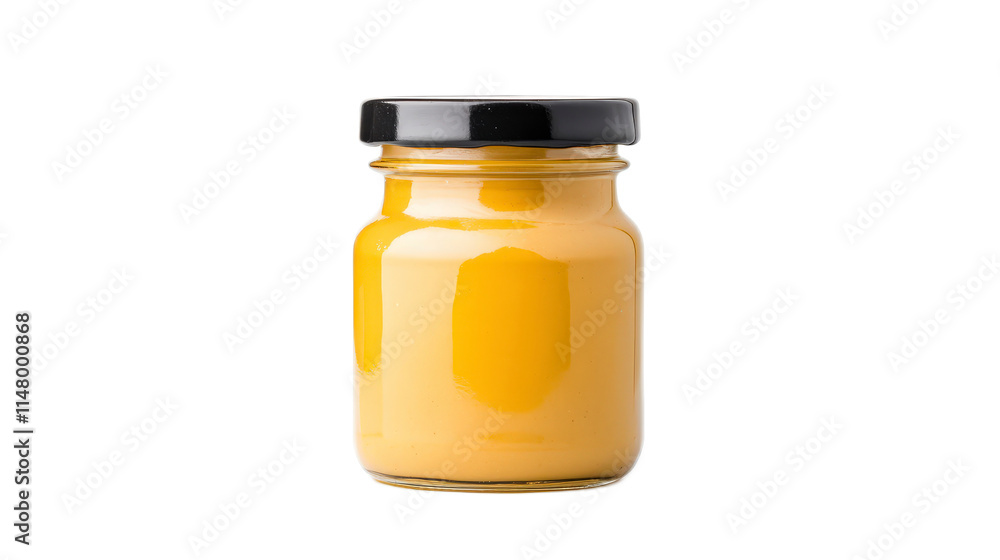 Glass jar filled with bright yellow mustard condiment on white background Glass jar filled with bright yellow mustard condiment on white background