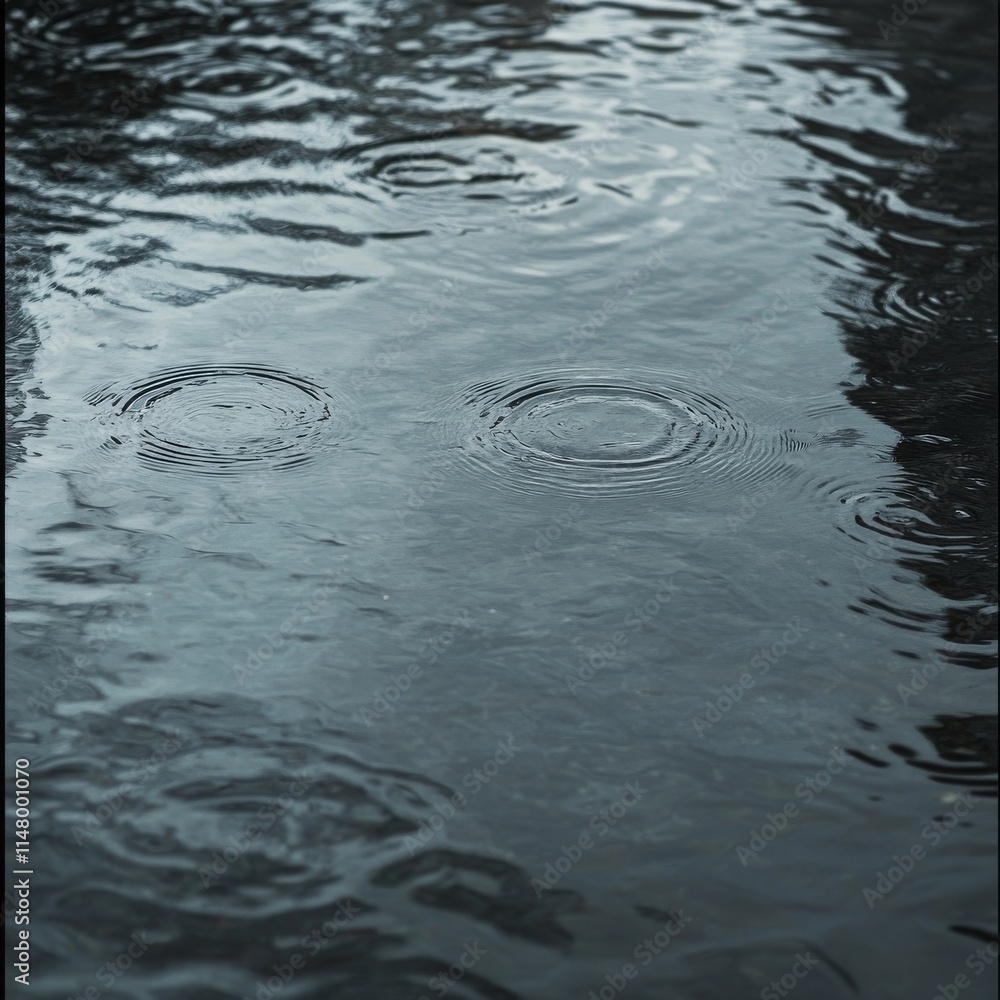 Two raindrops on the surface of the water. The water is dark blue. The raindrops are small Two raindrops on the surface of the water. The water is dark blue. The raindrops are small