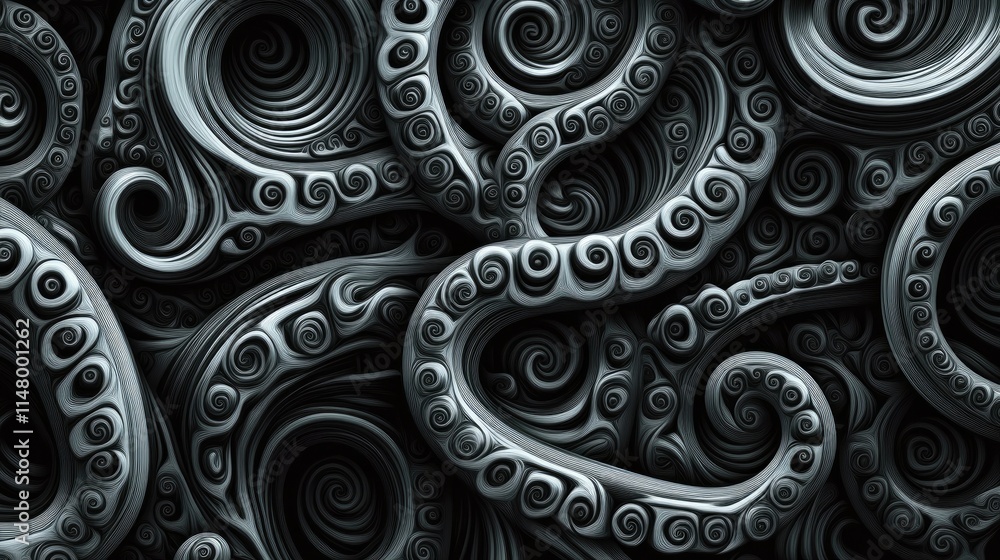 Abstract Octopus Tentacles: Dark, swirling, 3D rendered octopus tentacles create a mesmerizing, abstract background image. Perfect for designs needing a mysterious and intricate feel. Abstract Octopus Tentacles: Dark, swirling, 3D rendered octopus tentacles create a mesmerizing, abstract background image. Perfect for designs needing a mysterious and intricate feel.