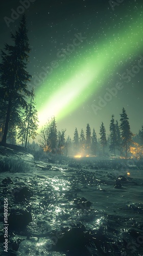 Wallpaper Mural A serene night scene in a dense forest with a vibrant green aurora illuminating the sky. The tranquil river reflects the colors, surrounded by silhouettes of pine trees. Torontodigital.ca