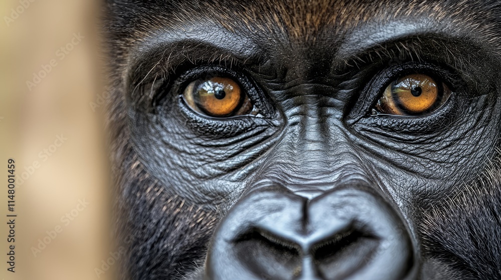 A close up of a gorilla's face with brown eyes A close up of a gorilla's face with brown eyes