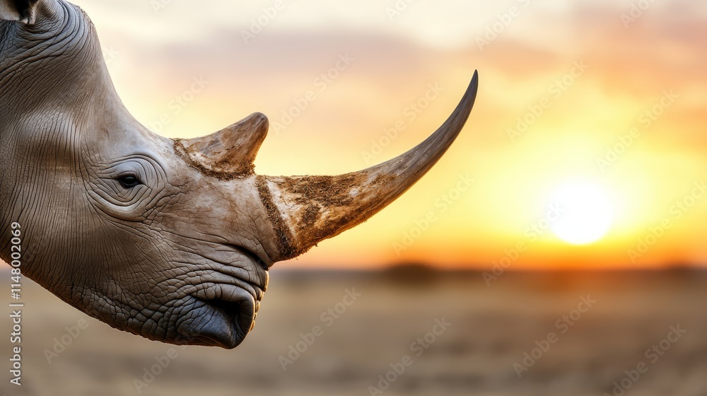 Fototapeta premium A close up of a rhino's face with the sun setting in the background