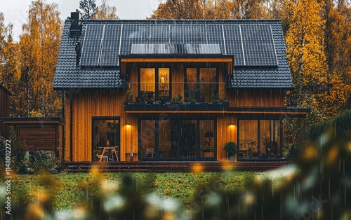 A Scandinavian house with solar panels glistening under gentle rain, with water droplets on the windows photo