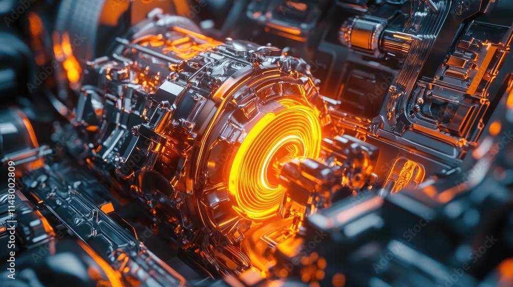 Engine of Innovation: A mesmerizing close-up of a futuristic electric engine with glowing orange energy core, symbolizing the power and potential of innovation. Engine of Innovation: A mesmerizing close-up of a futuristic electric engine with glowing orange energy core, symbolizing the power and potential of innovation.