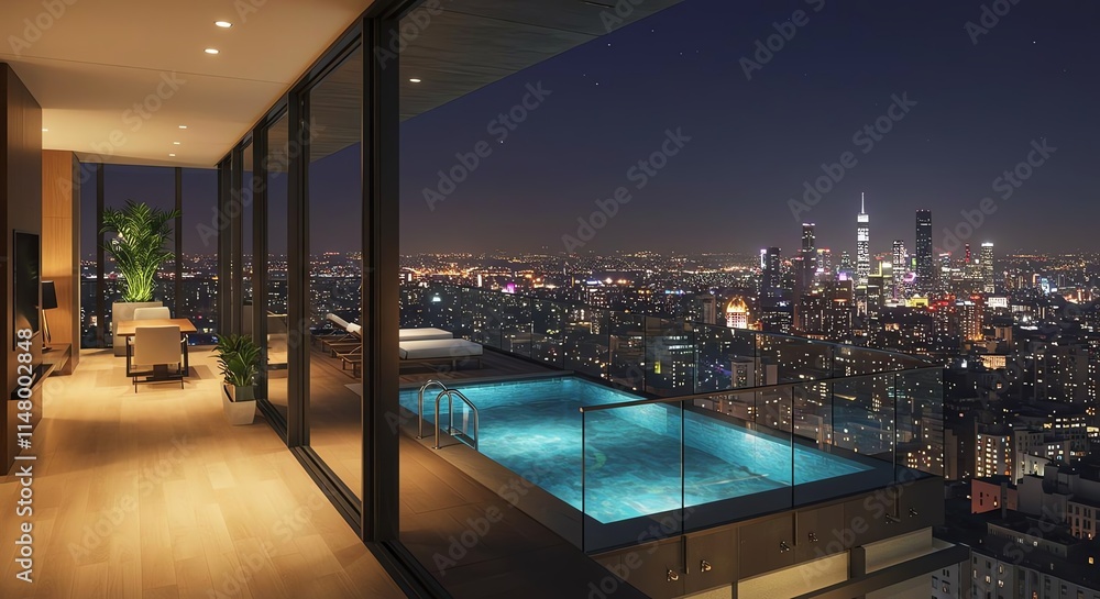 Fototapeta premium Luxury Penthouse Night View Cityscape Infinity Pool Modern Apartment