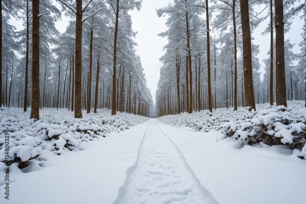 snowy path in the woods with trees and bushes on both sides