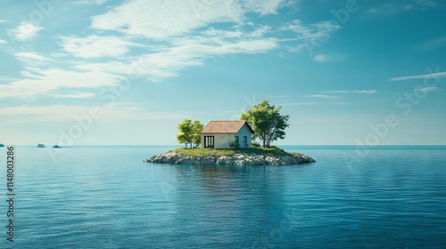 Minimalist Island House Surrounded by Blue Sea - Photorealistic 3D Render. AI generated illustration