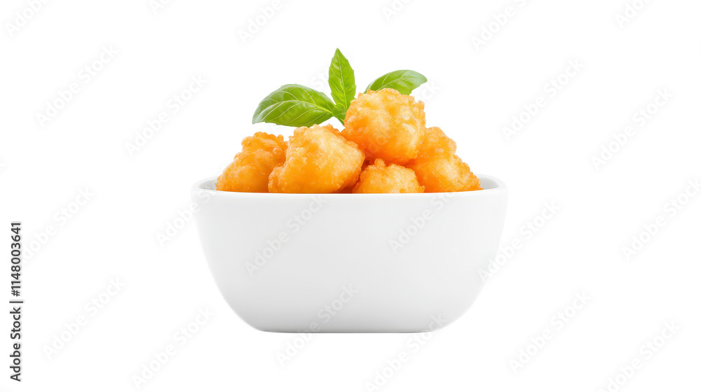 Crispy Golden Fried Chicken Bites Served in White Bowl with Basil Crispy Golden Fried Chicken Bites Served in White Bowl with Basil