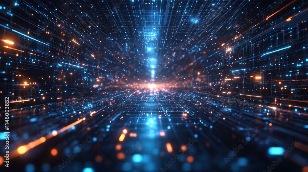 Bright Blue and Orange Beams of Light Pulse Through a Digital Tunnel, Creating a Futuristic Atmosphere in an Abstract Representation of Technology Bright Blue and Orange Beams of Light Pulse Through a Digital Tunnel, Creating a Futuristic Atmosphere in an Abstract Representation of Technology