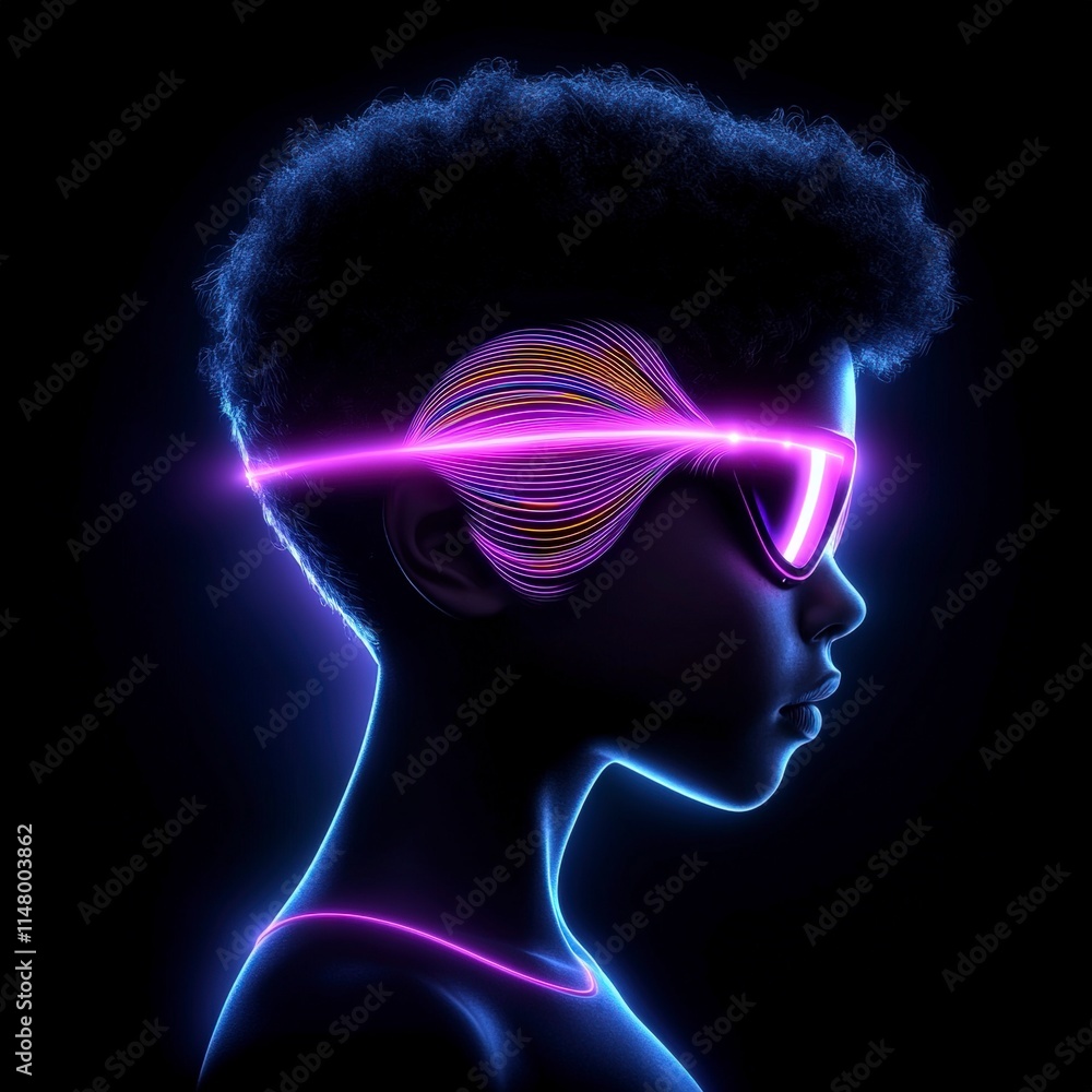 Futuristic Neon Profile AI Generated Head Silhouette with Glowing Lines Glasses Futuristic Neon Profile AI Generated Head Silhouette with Glowing Lines Glasses