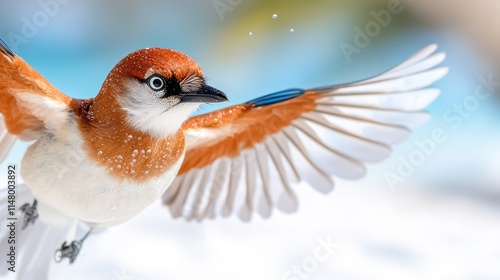 A small bird flying through the air with its wings spread