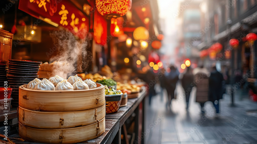 Fototapeta premium vibrant street scene featuring dumpling stall with steaming baskets, surrounded by colorful lanterns and bustling crowds