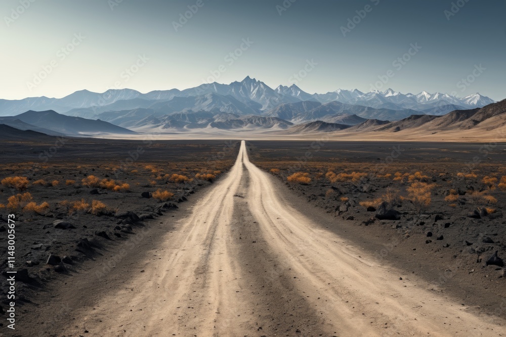 dirt road in the middle of a desert with mountains in the background dirt road in the middle of a desert with mountains in the background