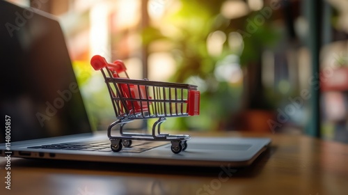 Online shopping concept with miniature shopping cart standing in front of laptop