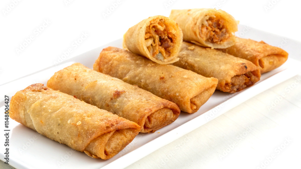 Crispy fried spring rolls on a white background Crispy fried spring rolls on a white background