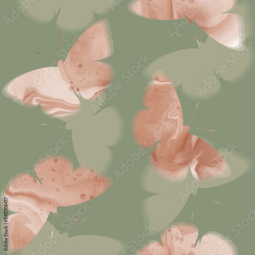 Abstract Hand Drawing Digital Painting Watercolor Flying Butterflies with Shadows Seamless Upholstery Textile Pattern Isolated Background