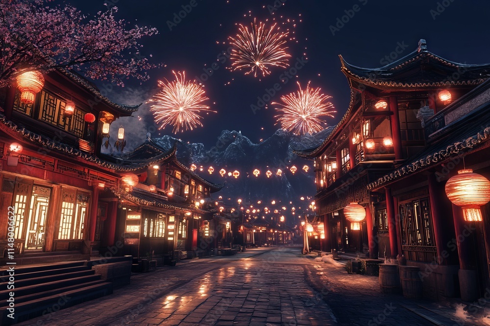 Chinese New Year Celebration: Fireworks Over Ancient Street with Lanterns and Traditional Architecture. AI generated illustration Chinese New Year Celebration: Fireworks Over Ancient Street with Lanterns and Traditional Architecture. AI generated illustration