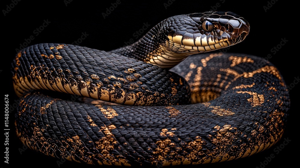 Fototapeta premium A close-up view of a coiled snake, showcasing its intricate patterns and shiny scales against a dark background.