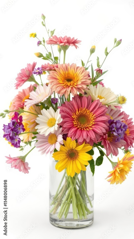Fototapeta premium Vibrant flower arrangement in glass vase, isolated on white, image, macro, vase