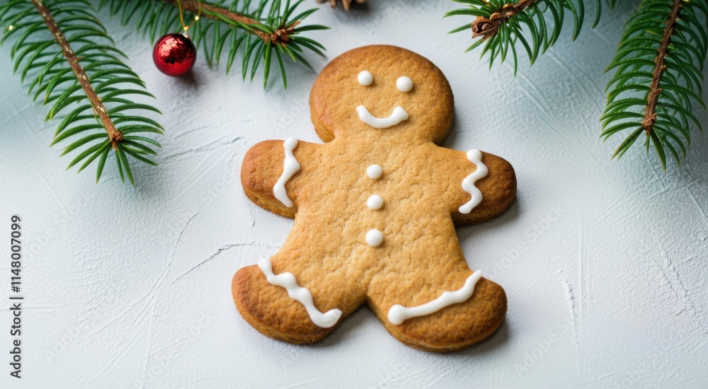 Gingerbread man on a table with pine branches Gingerbread man on a table with pine branches