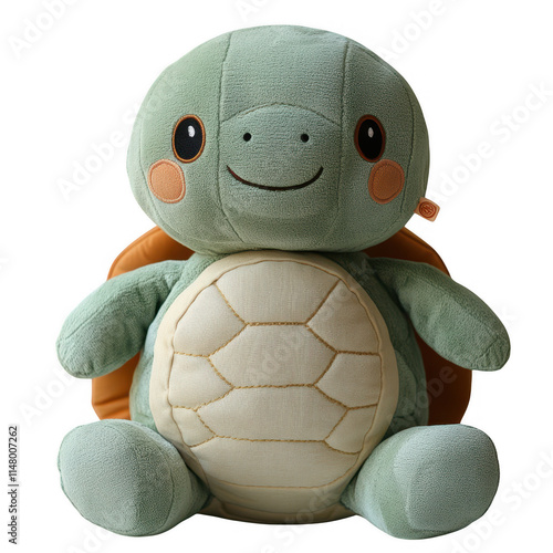 Pastel-colored anthropomorphic plush turtle toy, transparent PNG for children's items or nursery themes