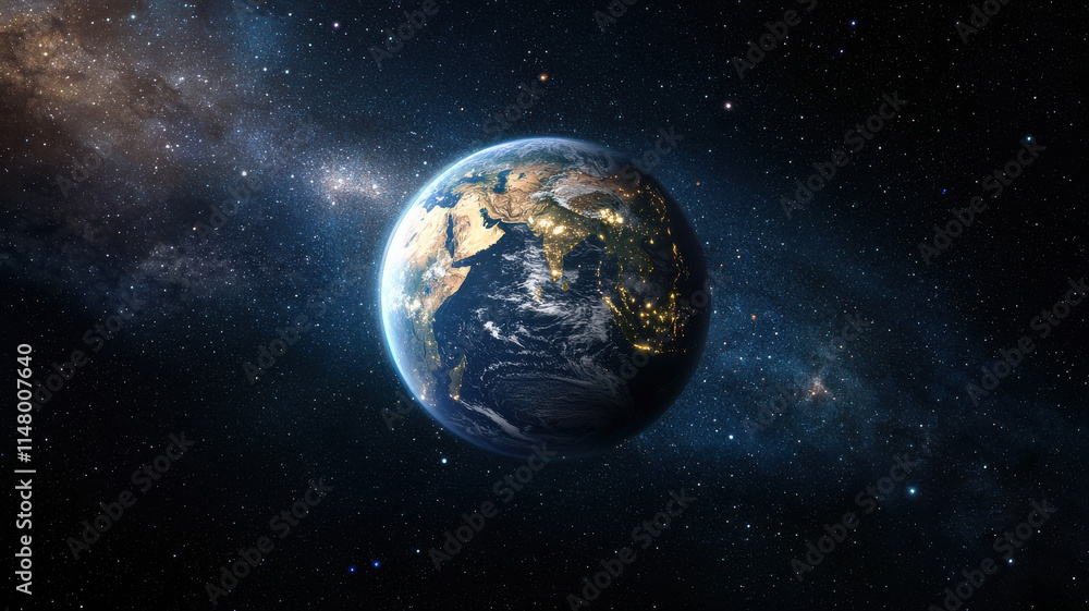 Fototapeta premium stunning view of Earth from space, showcasing continents and city lights